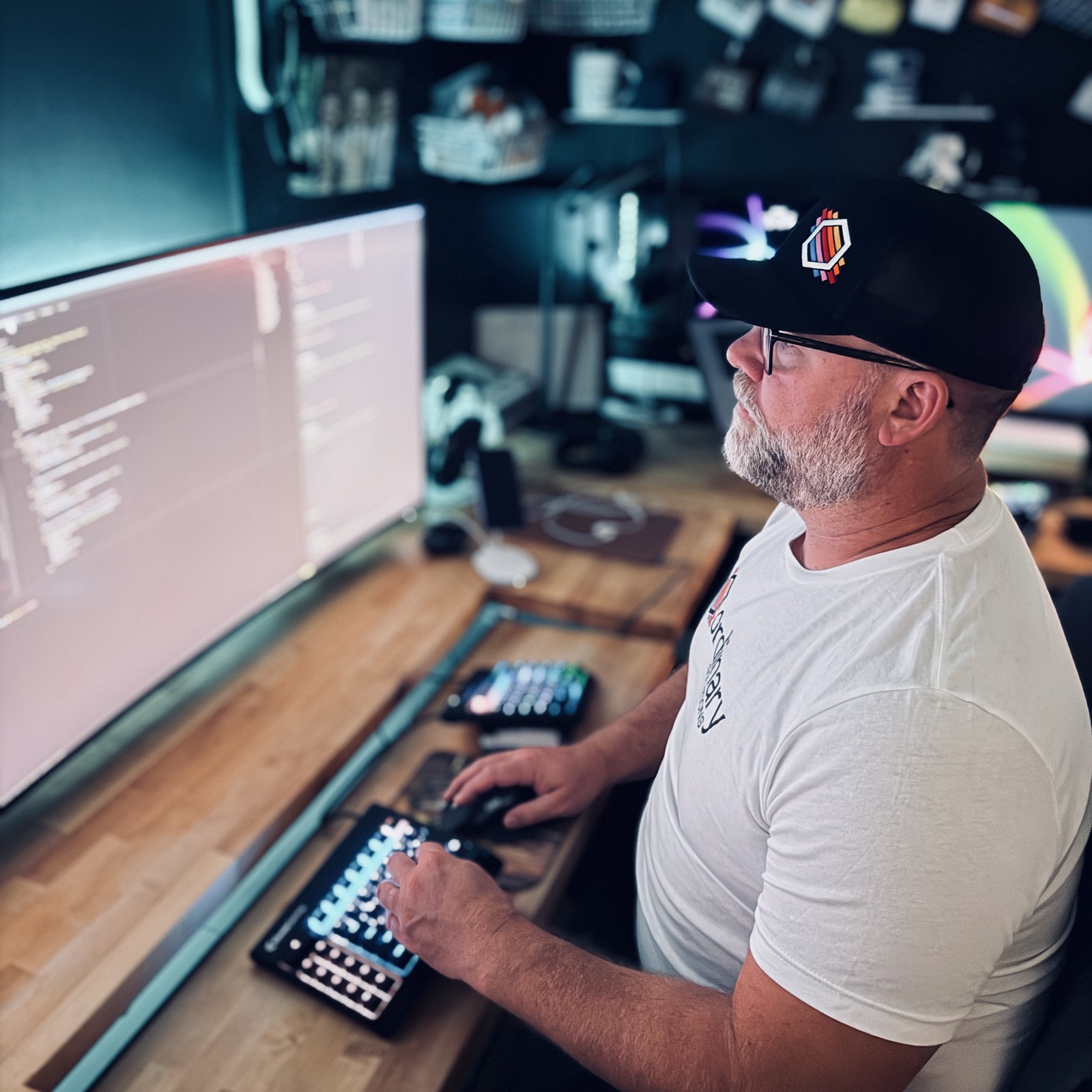 A photo of Cameron sitting at his desk, upon which is a single large external display.